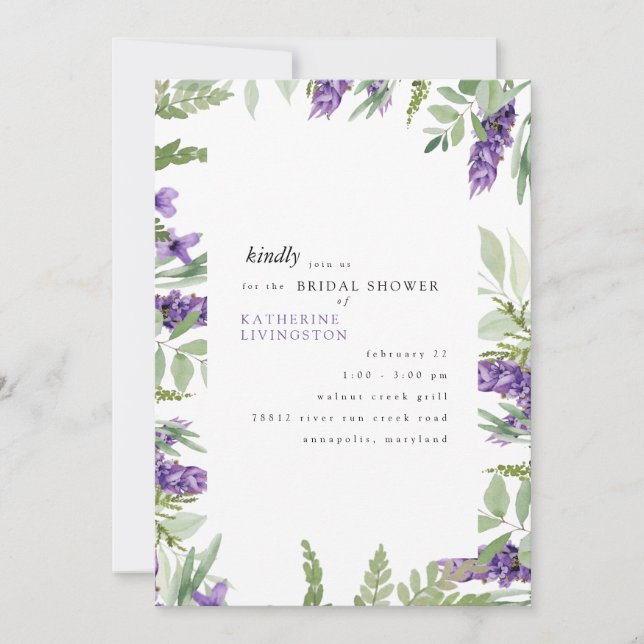 Elegant Foliage & Lavender Bridal Shower Invitatio Invitation (Front)
