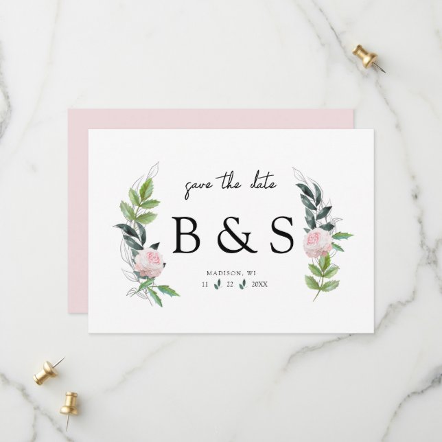 Elegant Foliage Pink Floral Monogram Save The Date (Front/Back In Situ)