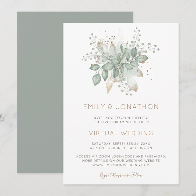 Elegant Foliage Sage Virtual Wedding Invitation (Front/Back)