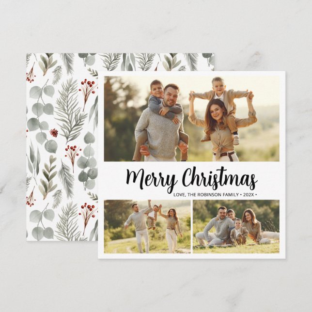 Elegant Foliage Typography 3 Multi Photo Christmas Holiday Card (Front/Back)