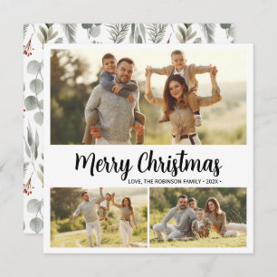 Elegant Foliage Typography 3 Multi Photo Christmas Holiday Card
