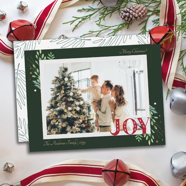 Elegant Foliage Xmas Joy Family Photo Greeting Holiday Card (Elegant Botanical Xmas Joy Family Photo Greeting Holiday Card)