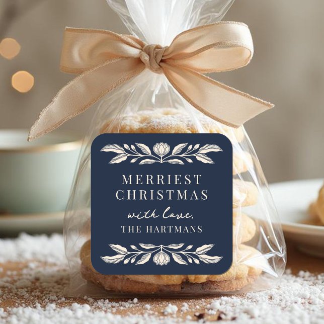 Elegant Folk Art Floral Christmas Personalized Square Sticker (Creator Uploaded)