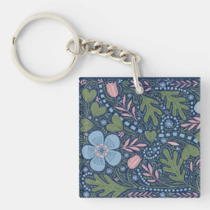 Elegant Folk Art Floral Pattern Vintage Botanical Keychain