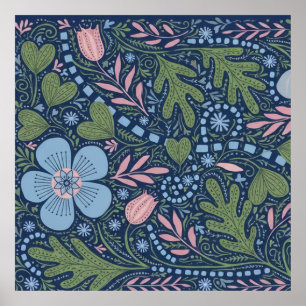 Elegant Folk Art Floral Pattern Vintage Botanical Poster