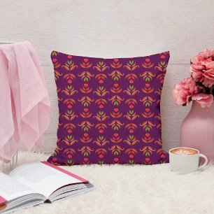 Elegant Folk Art Floral Rustic & Pretty Burgundy Throw Pillow