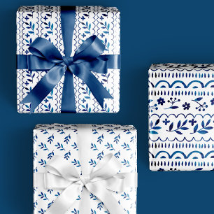 Elegant Folk Botanical Blue Watercolor Holiday Wrapping Paper Sheet