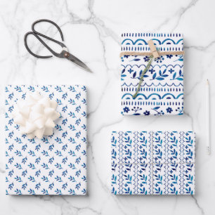 Elegant Folk Botanical Blue Watercolor Holiday Wrapping Paper Sheet