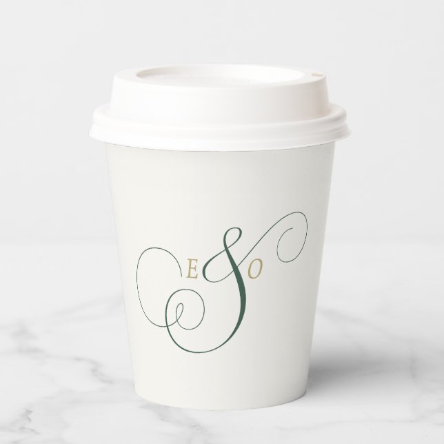 Elegant Forest Emerald Green Gold Monogram Wedding Paper Cups (Front)