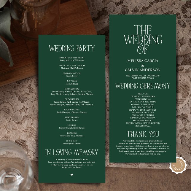 Elegant Forest Emerald Typography Wedding Program (Elegant Forest Emerald Typography Modern Romantic Wedding Program Card)