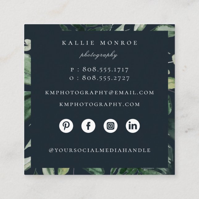 Elegant Forest Foliage Frame Dark Blue Square Business Card (Back)