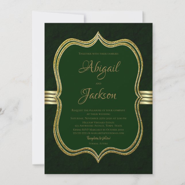 Elegant Forest Green and Gold Wedding Invitation (Front)