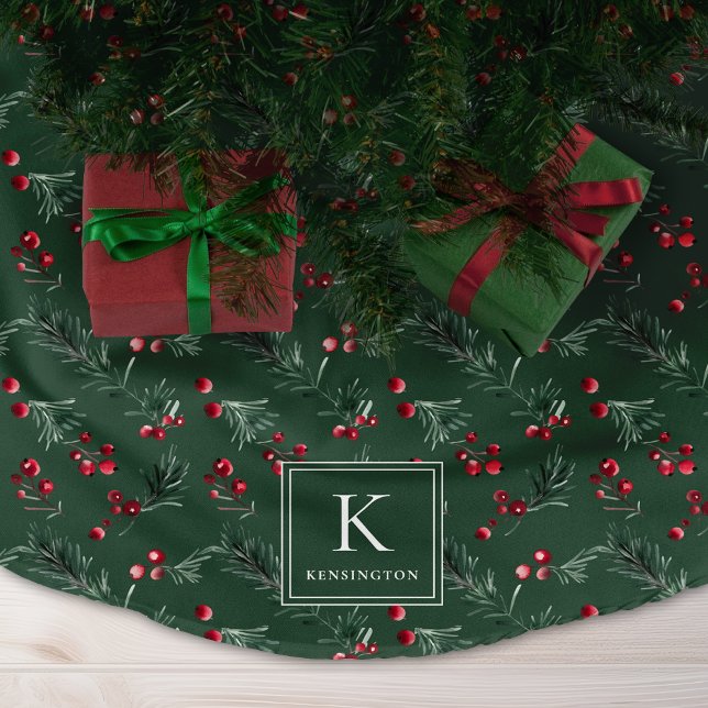 Elegant Forest Green Botanical Christmas Monogram Brushed Polyester Tree Skirt (Elegant Forest Green Botanical Christmas Monogram Brushed Polyester Tree Skirt)