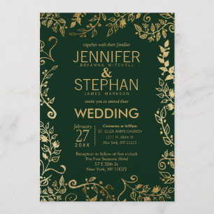 Elegant Forest Green Gold Floral Wedding Invitation