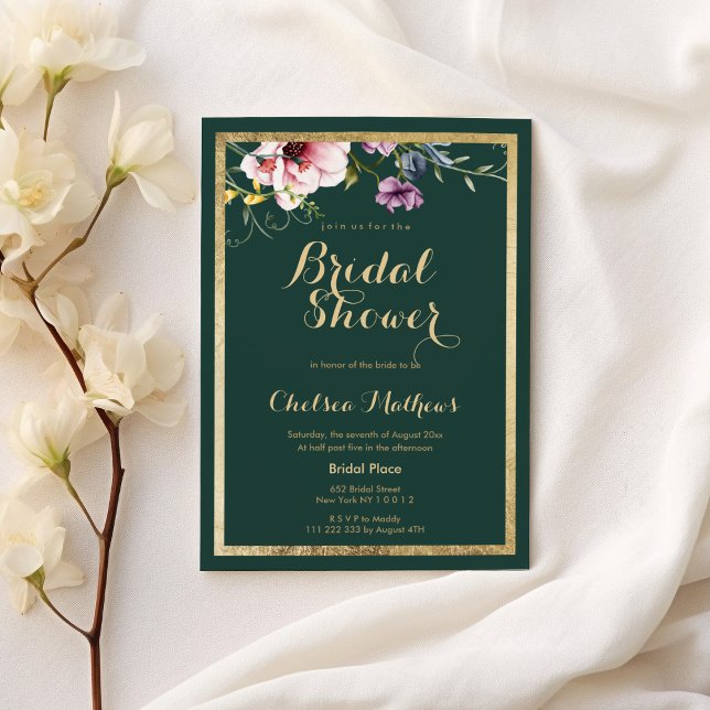 Elegant forest green gold pink flora Bridal Shower Invitation (Elegant forest green gold pink flora Bridal Shower )