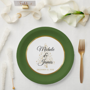 Elegant Forest Green Gold Winter Holiday Wedding Paper Plate