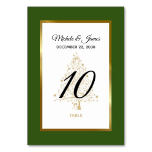Elegant Forest Green Gold Winter Holiday Wedding Table Number