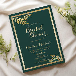 Elegant forest green golden leaf Bridal Shower Invitation