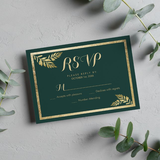 Elegant forest green golden leaf RSVP Card (Elegant forest green golden leaf RSVP)