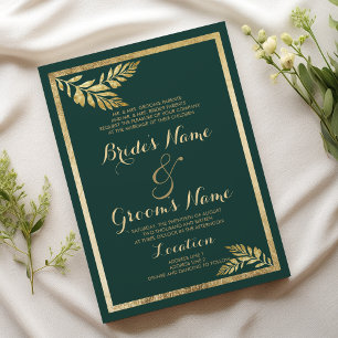 Elegant forest green golden leaf Wedding Invitation