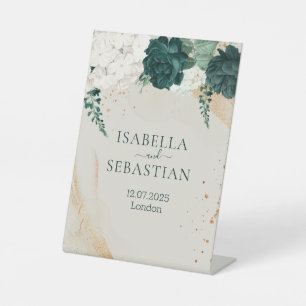 Elegant Forest Green Rose Gold Wedding Pedestal Sign