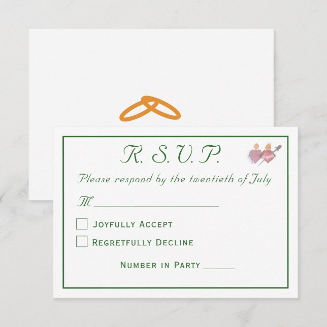 Elegant Forest Green Two Hearts Catholic Wedding  RSVP Card (Front/Back)