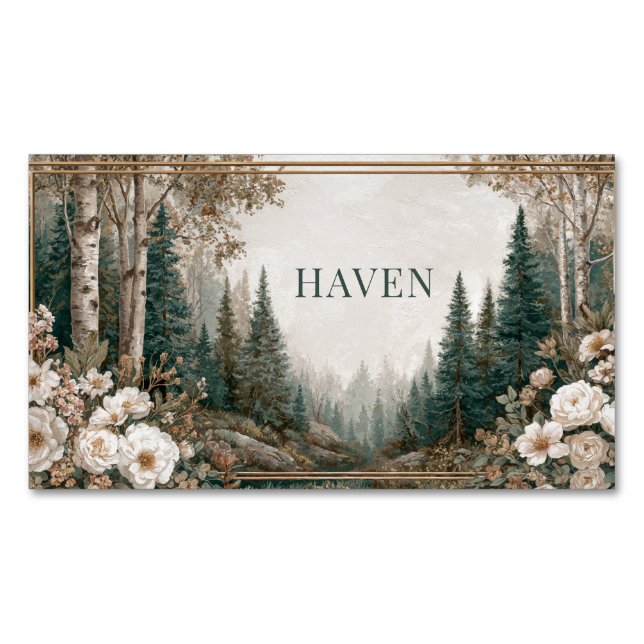 Elegant Forest Landscape White Peony Gold Frame Magnetic Business Card (Front)
