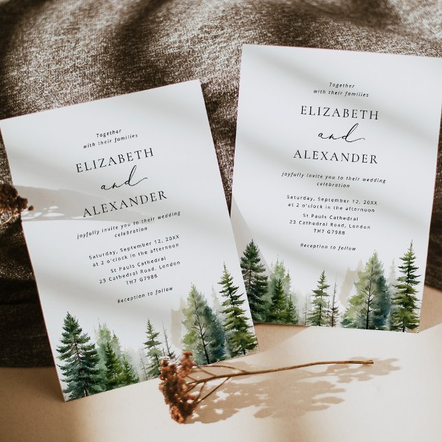 Elegant forest minimalist pine trees wedding invitation (Creator Uploaded)