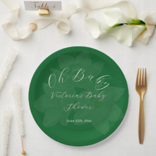 Elegant Forest & Sage Green "Oh Baby" Name Shower Paper Plate