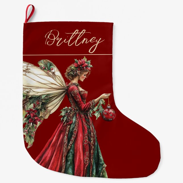 Elegant  Forestcore Christmas Fairy Large Christmas Stocking (Front)