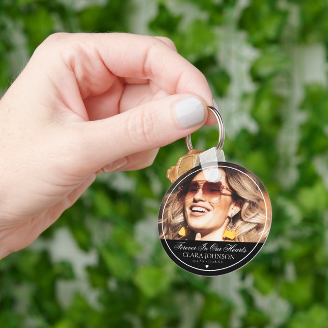 Elegant Forever in Our Hearts Memorial Photo Keychain (Hand)