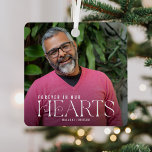 Elegant Forever in our Hearts Photo Keepsake Metal Ornament<br><div class="desc">Beautiful minimal and modern forever in our hearts photo christmas ornament. Simple and modern design with a full photo template. Customize this gift with your special photo and name. The photo has an overlay at the bottom to help the elegant white typography "HEARTS" stand out. Perfect keepsake ornament to remember...</div>