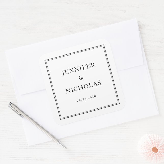 Elegant Formal  Black And White Wedding Square Sticker (Envelope)