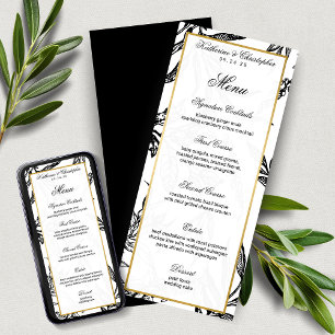 Elegant Formal Black Gold Botanical Wedding Menu Invitation