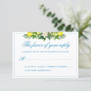 Elegant Formal Blue Floral Crest Wedding RSVP Enclosure Card