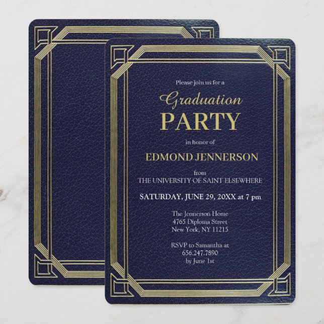 Elegant Formal Blue Gold 2025 Graduation Party Invitation (Front/Back)