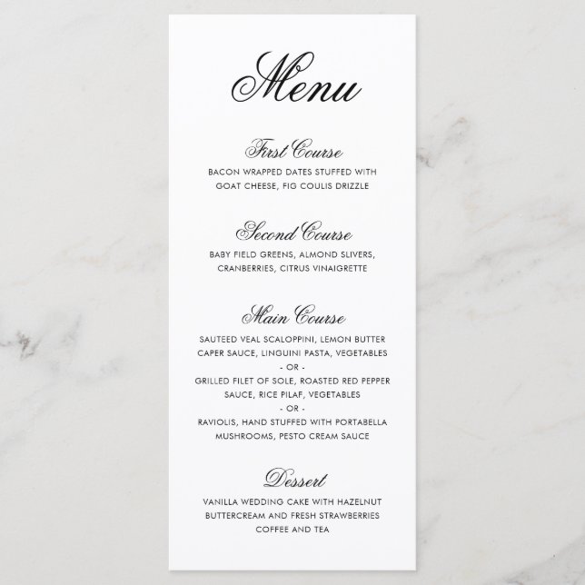 Elegant Formal Calligraphy Black and White Wedding Menu (Front)