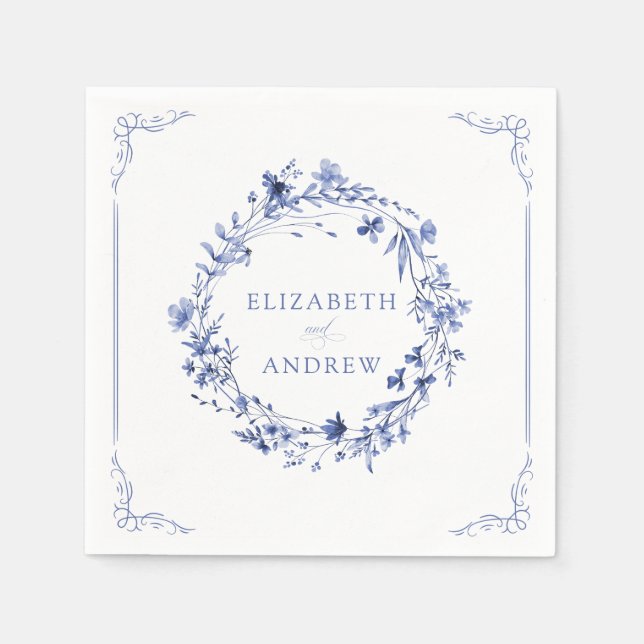 Elegant Formal Calligraphy Floral Wreath Wedding  Napkin (Front)