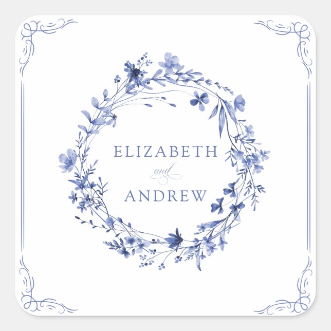 Elegant Formal Calligraphy Floral Wreath Wedding  Square Sticker (Front)