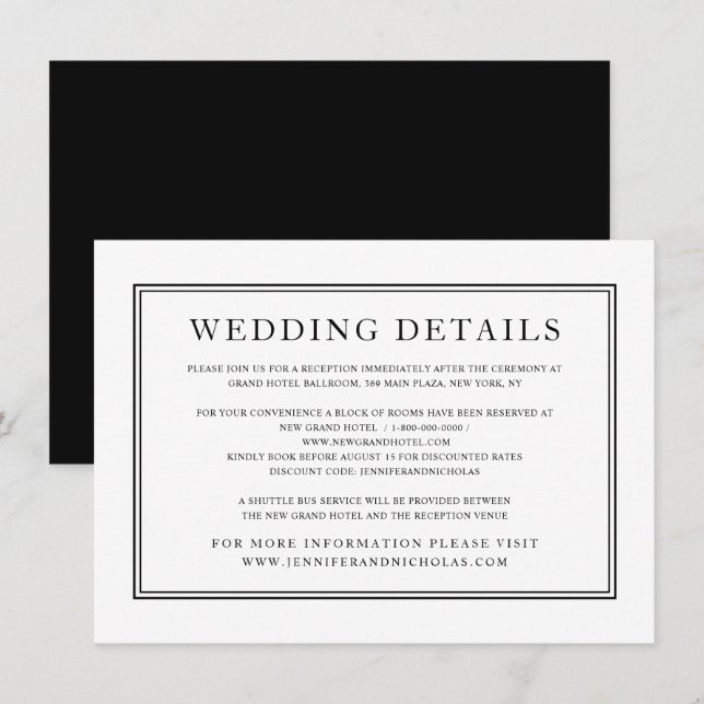 Elegant Formal Classic Black White Wedding Details Enclosure Card (Front/Back)