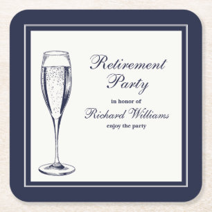 Elegant Formal Dark Bleu White Retirement  Square Paper Coaster