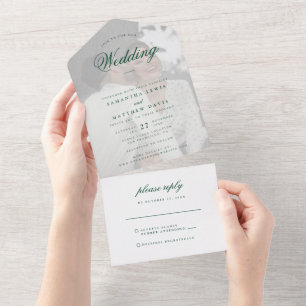 Elegant Formal Emerald Green Script Photo Wedding All In One Invitation