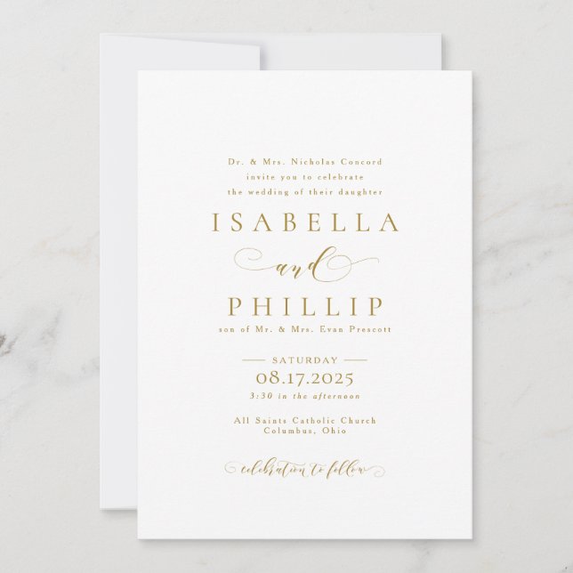 Elegant formal gold, black, white wedding invitation (Front)