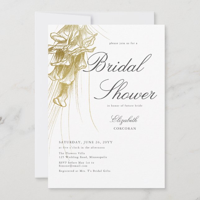 Elegant Formal Gold Calla Lily BW Bridal Shower Invitation (Front)