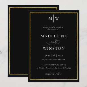 Elegant Formal Initials Black White Gold Wedding Invitation