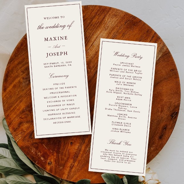 Elegant Formal Ivory & Burgundy Wedding Program (Elegant ivory and burgundy wedding program keeps guests informed with timeless style.)