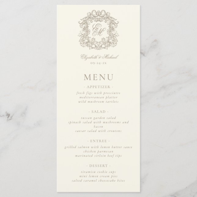 Elegant Formal Monogram Crest Ivory Wedding Menu (Front)