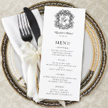 Elegant Formal Monogram Crest Wedding Menu<br><div class="desc">This elegant black and white wedding menu features an ornate vintage crest framing the intertwined script monogram initials of the bride and groom in fancy formal script font. Find matching products in the collection,  or message me through Zazzle Chat for more products and design tweaks.</div>