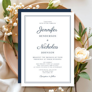 Elegant Formal Navy Blue Wedding  Invitation