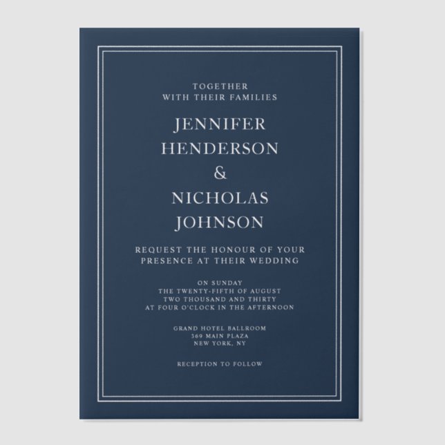 Elegant Formal Navy Blue Wedding Vellum Invitations (Front)
